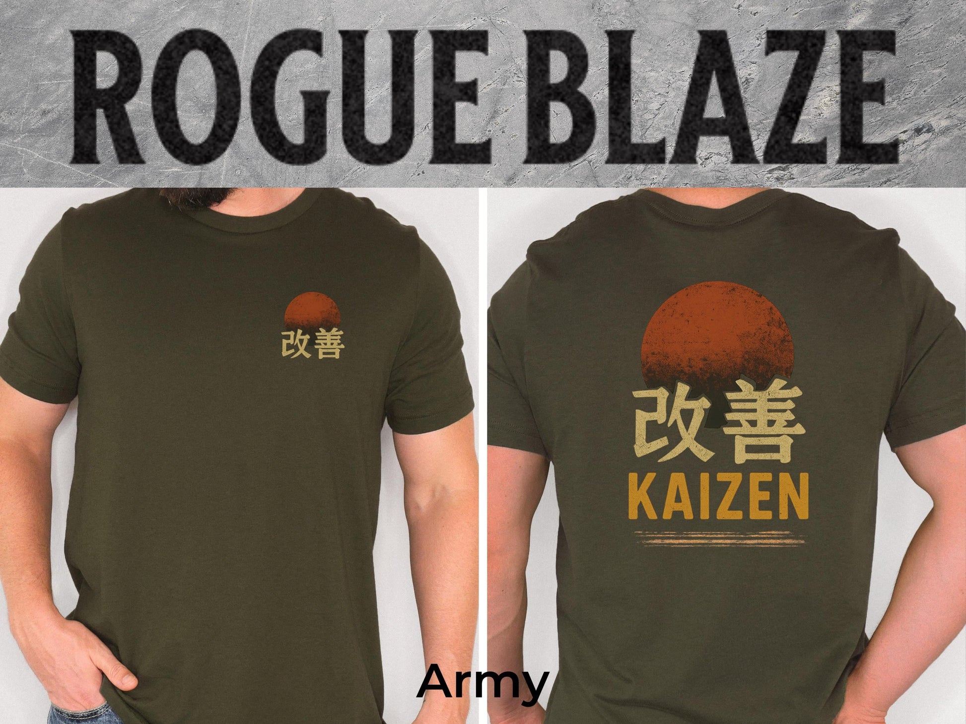 The image is a collage of two photos of a man wearing a green t-shirt with the text &quot;RAYS&quot; and &quot;KAIZEN&quot; printed on it.