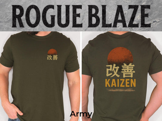 The image is a collage of two photos of a man wearing a green t-shirt with the text &quot;RAYS&quot; and &quot;KAIZEN&quot; printed on it.