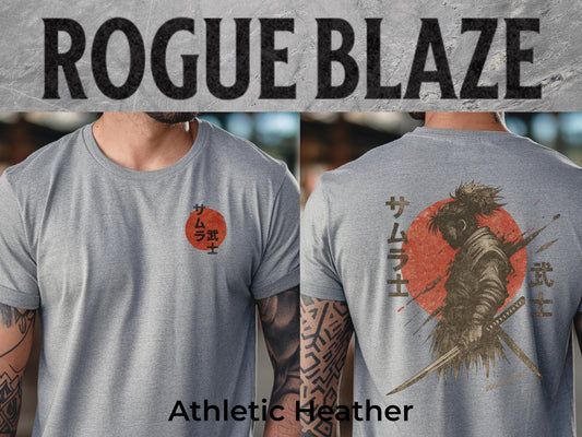 The image is a collage of two photos featuring a gray t-shirt with a graphic design on the back. The design depicts a person holding a sword and a red circle with Japanese characters. The t-shirt is labeled &quot; Rogue Blaze&quot; and &quot;Athletic Heather&quot; in the image.