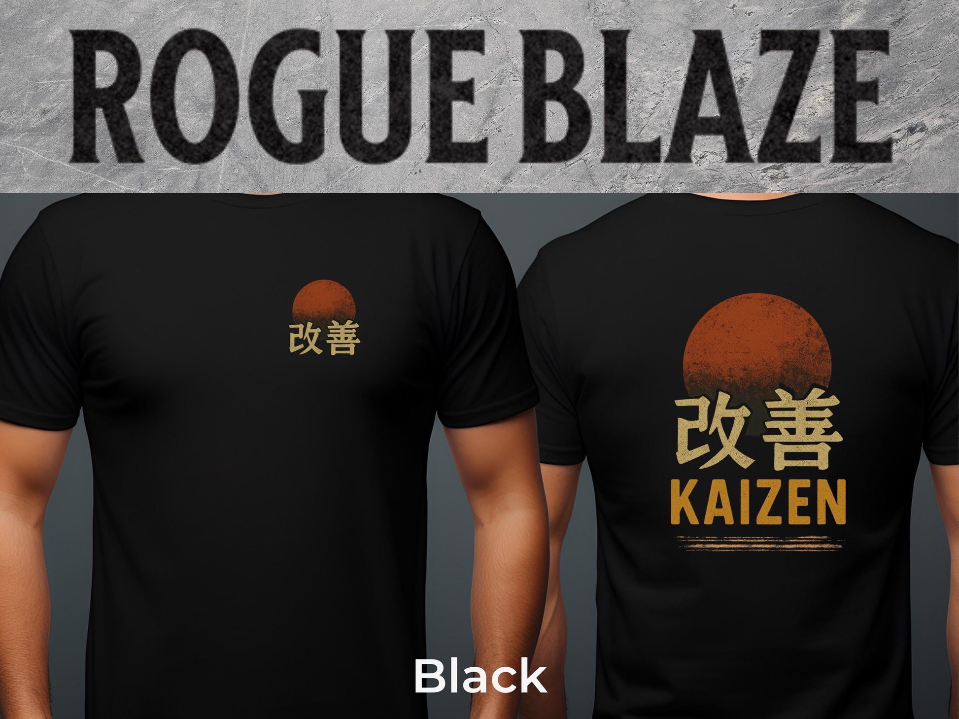 a black t-shirt with a graphic design on the back, including a sun and some Japanese text.